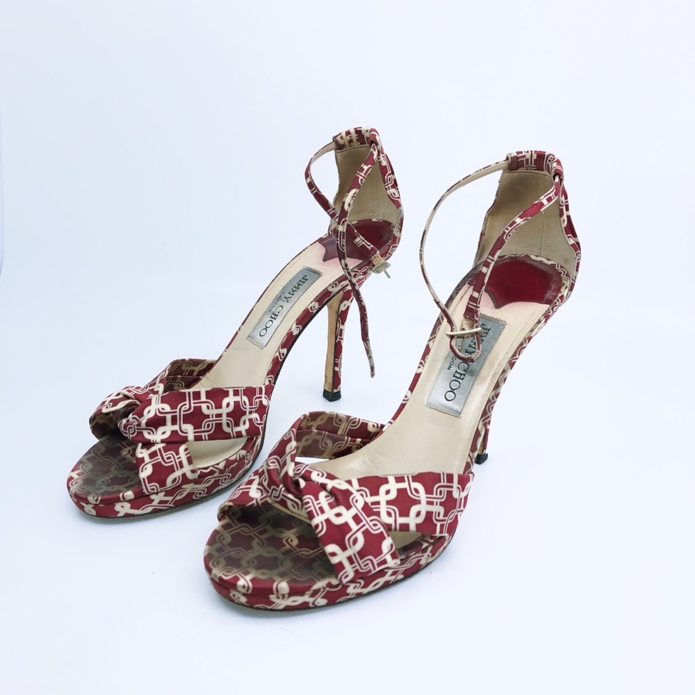 Jimmy Choo Red and Cream Patterned Strappy Heels